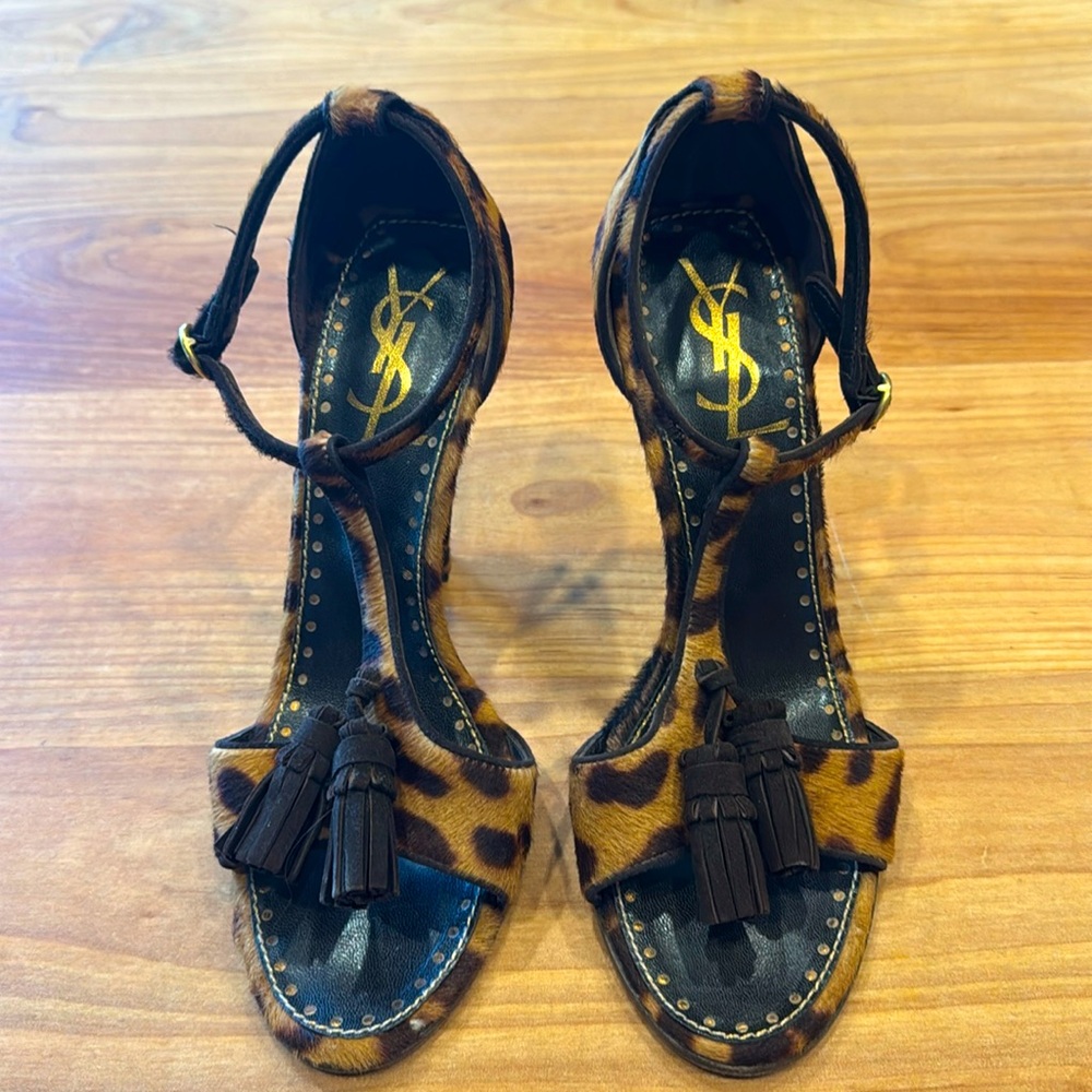 Vintage YSL pony hairy T strap heels.